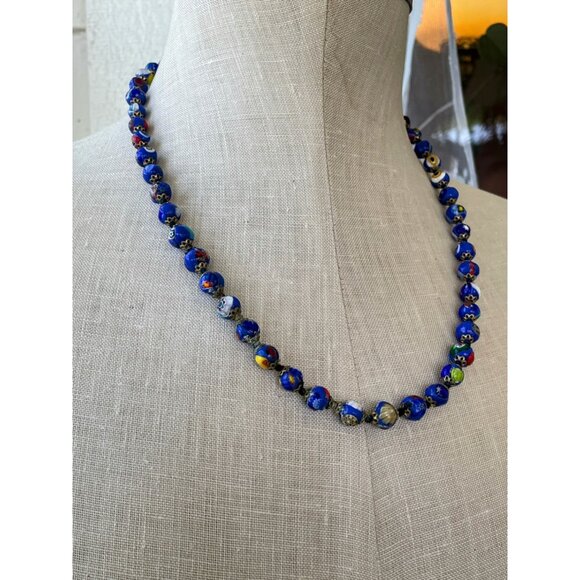Vintage 1950s Italy Millefiori Hand knotted Glass Blue Beaded Necklace - Picture 10 of 16